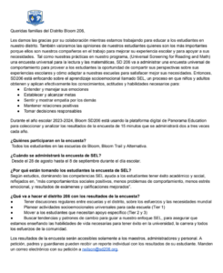 SEL Survey Letter Pic. Families Spanish. 2023 2024